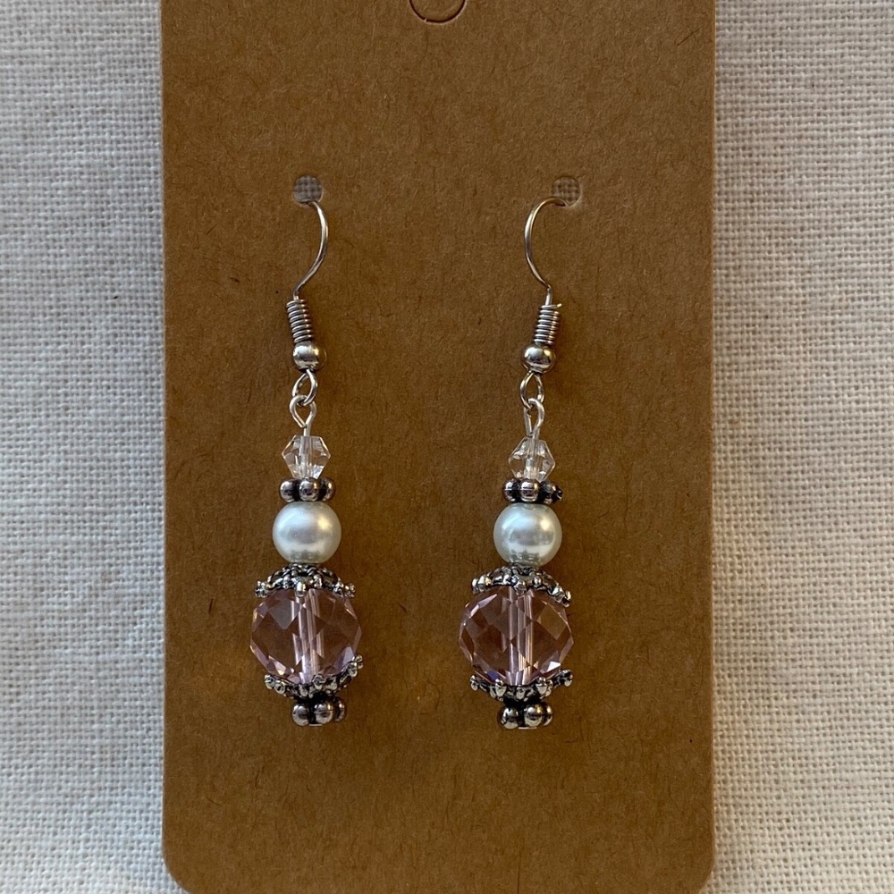 Pastel Pink, Pearl, and Silver Bead Dangle Earrings